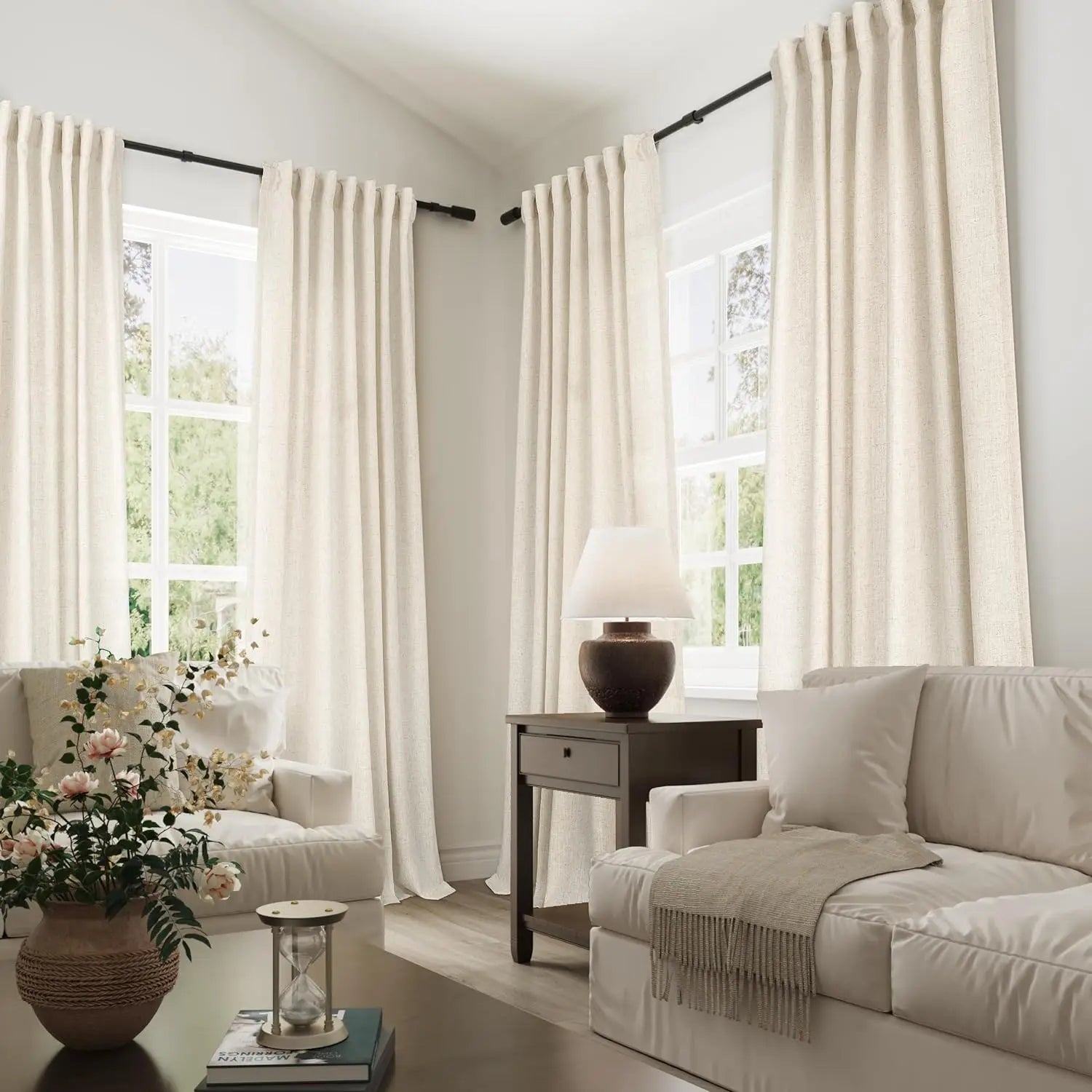 Ivory linen-look sheer curtains, corner windows