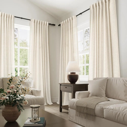 Ivory linen-look sheer curtains, corner windows