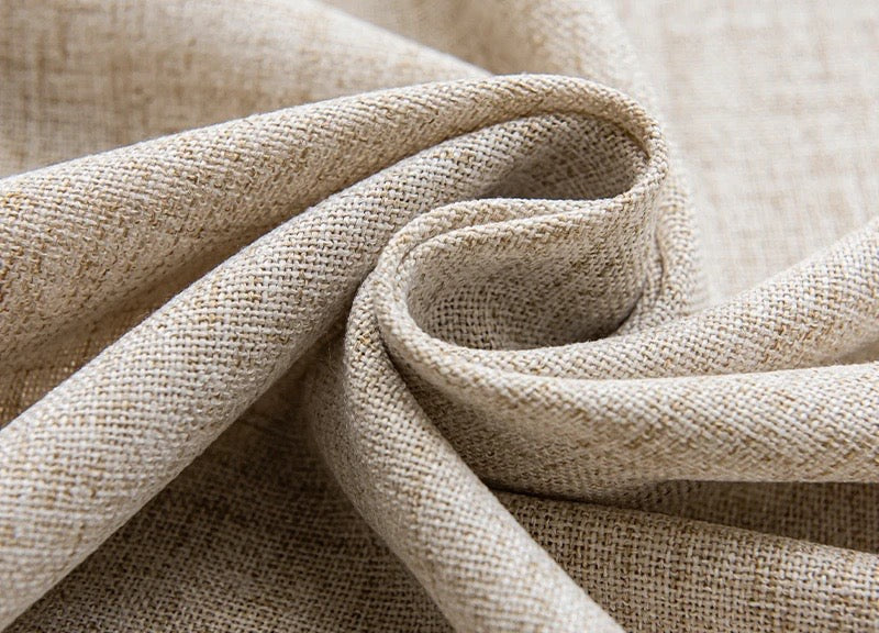 Close view of linen-look voile weave in oatmeal